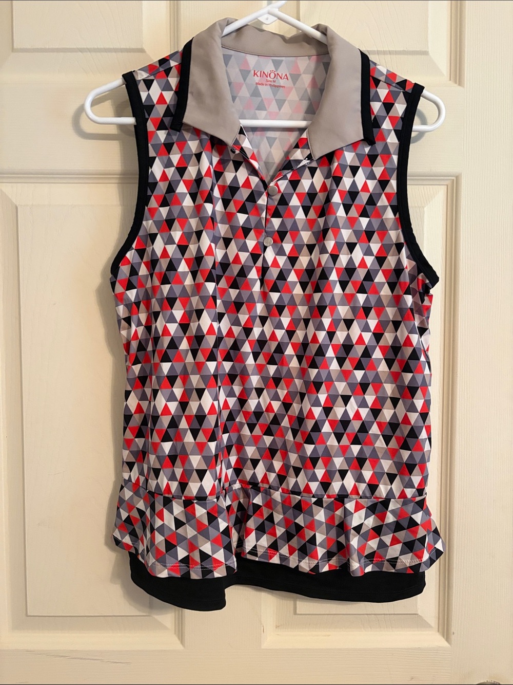 Kinona Sleeveless Polo Tank with Red, Black, Gray Geometric Print